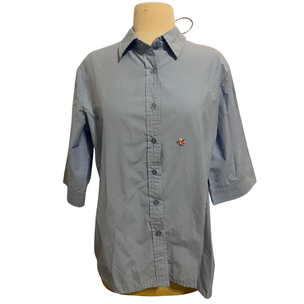 VINTAGE American Sweetheart classic blue button up shirt flower accent, see pics